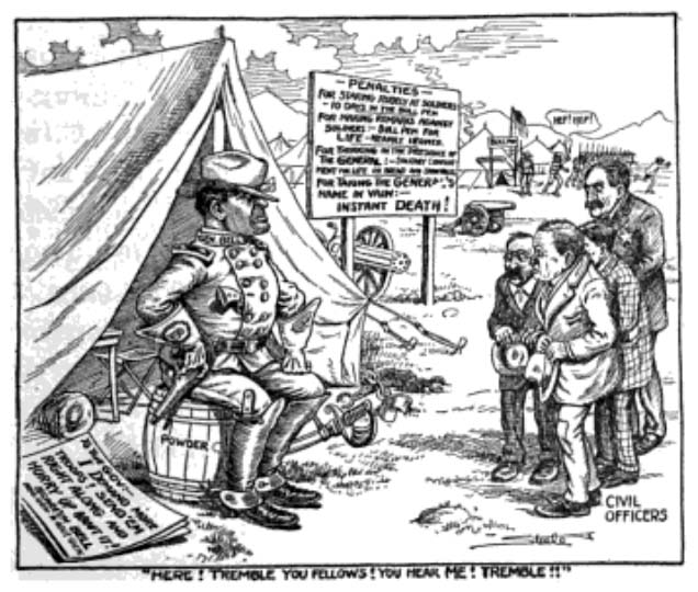 cartoon showing militia intimidating community officials